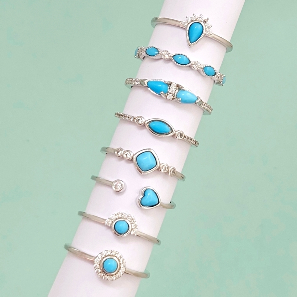 Dainty Sterling Silver ring set, turquoise enamel stone - 925 Sterling Silver